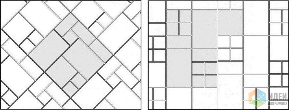 4 квадрата плитки. Схема укладки плитки Бавария. Модульная раскладка плитки. Модульная раскладка плитки на полу. Раскладка плитки из разных размеров.
