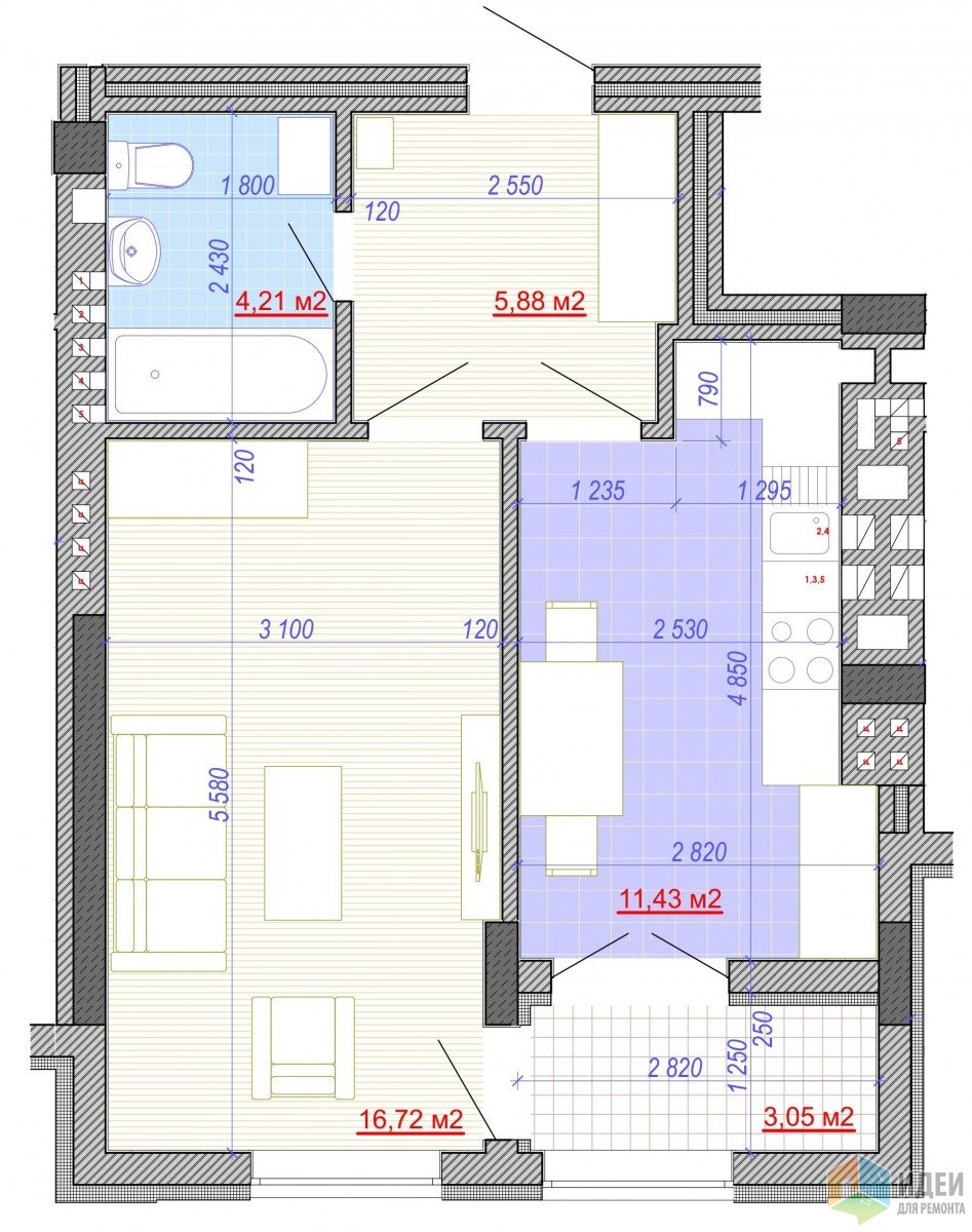 Перепланировка 1к. квартиры ~40 кв.м.
